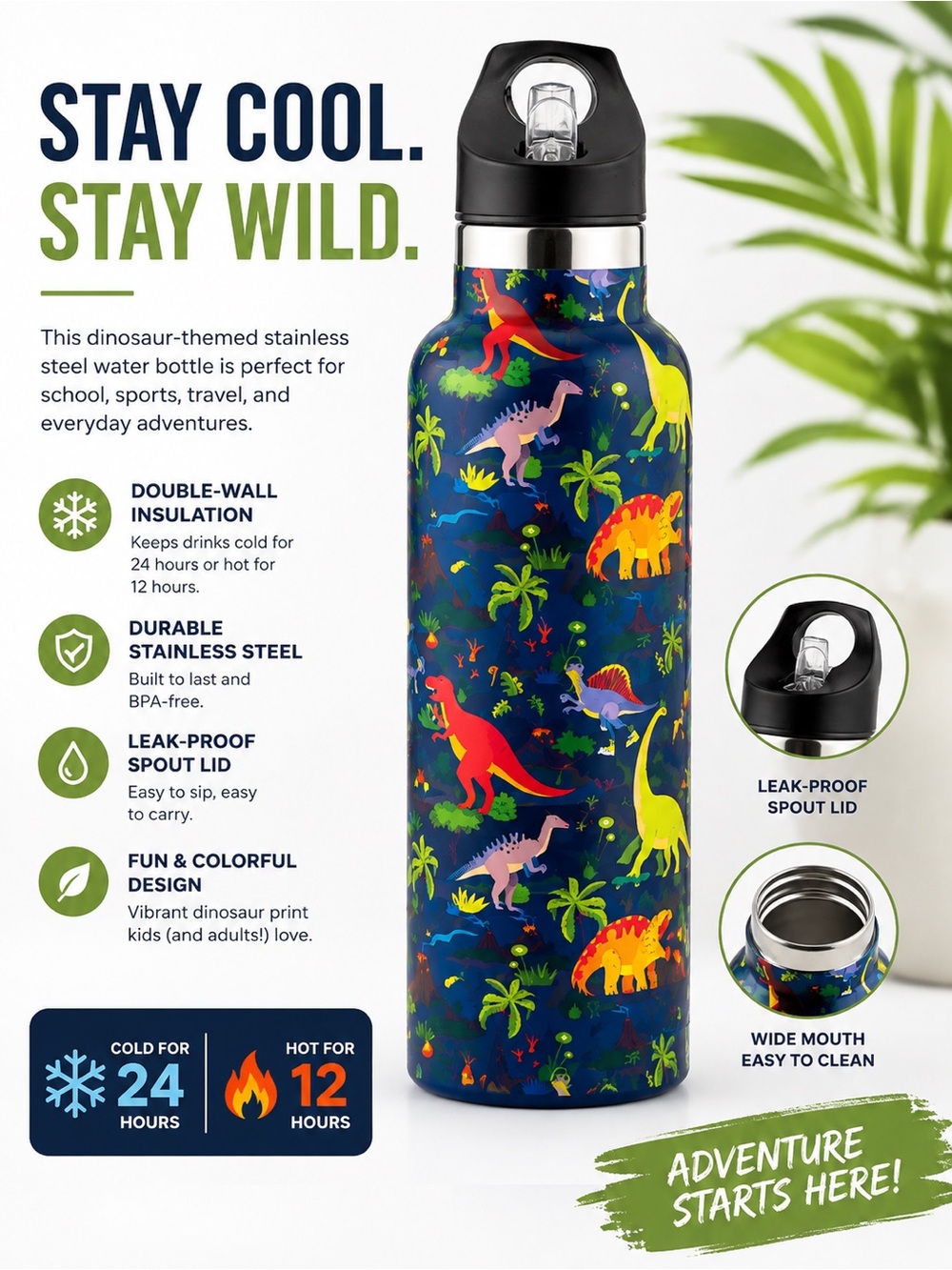 Kids Dinosaur Stainless Steel Water Bottle - Navy Blue